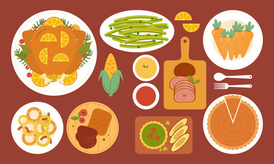 Traditional Thanksgiving Dinner Table Top View Flat Design. Thanksgiving Eating Cuisine Dishes View from Above Illustration