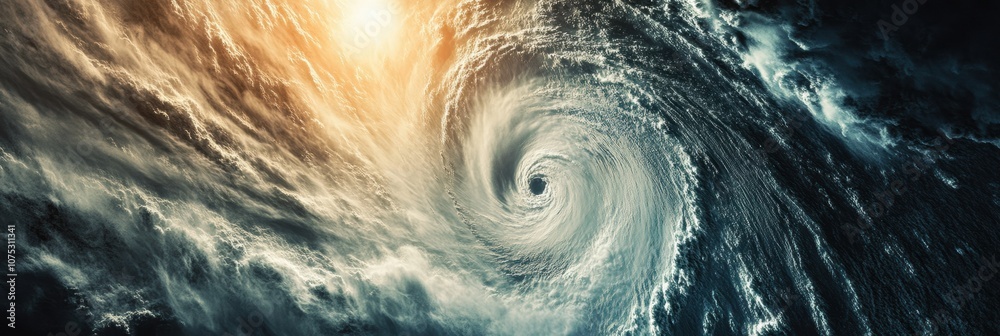 Poster A powerful hurricane spins in the ocean, surrounded by swirling clouds and illuminated by strong sunlight, creating a dramatic weather event. Generative AI