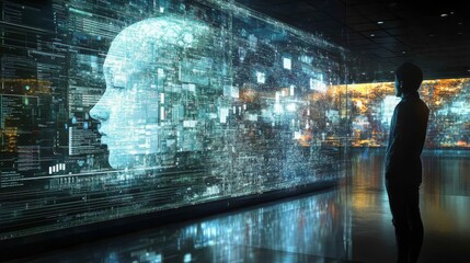 A Silhouetted Figure Gazes at a Wall Displaying a Digital Human Face Overlaid with Data and Code
