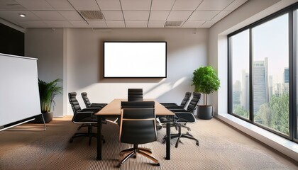 Light office interior with meeting table and tv screen, window and mockup frame
