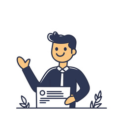 A cheerful young man presenting a document in a professional setting during daylight hours