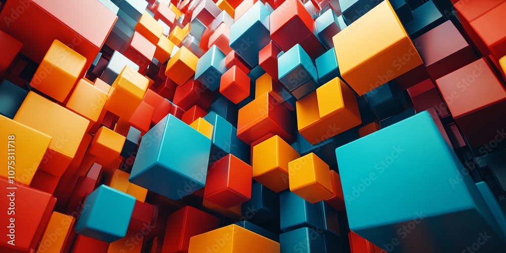 Poster Abstract colorful geometric background with a blue cube in the foreground.