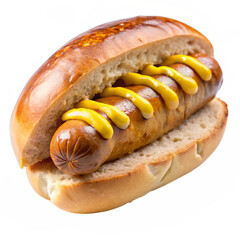 Grilled bratwurst with mustard on bun isolated on transparent background. AI Generative