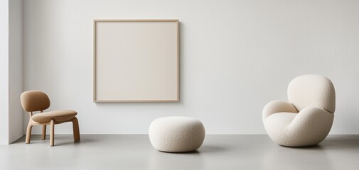 Obraz premium A minimalist interior featuring cozy furniture, including a fluffy chair and footstool, complemented by a simple wall art piece.