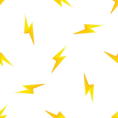 Seamless pattern of yellow lightning bolts striking on white background, creating a dynamic and energetic design