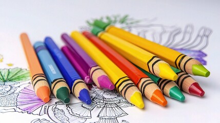 Fototapeta premium Vibrant Set of Crayons Ready for Creative Fun with A Coloring Book Featuring Detailed Illustrations Perfect for Relaxation and Artistic Expression