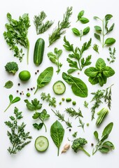 A white background with a variety of green vegetables and herbs