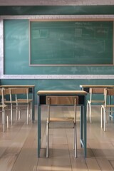 The interior of a traditional classroom with wooden desks and chairs facing a teacher's stand.