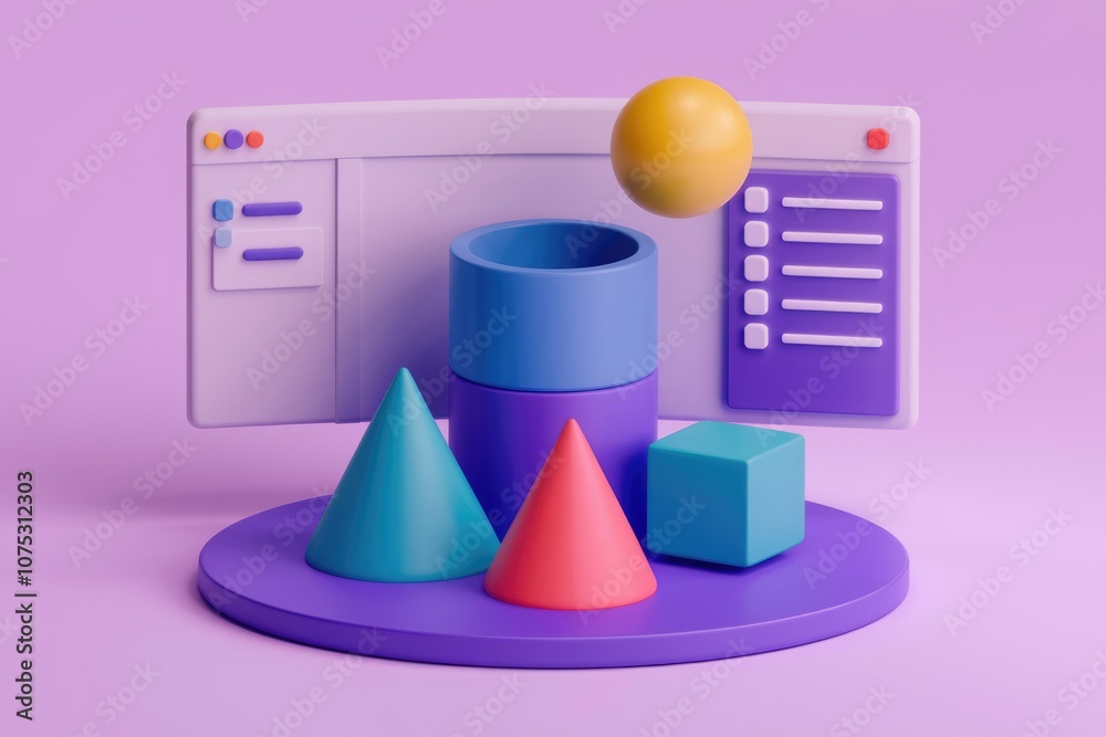 Poster 3d illustration of geometric shapes and a web browser on a purple background