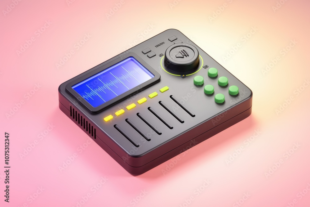 Poster A small black music production device with a screen and buttons.