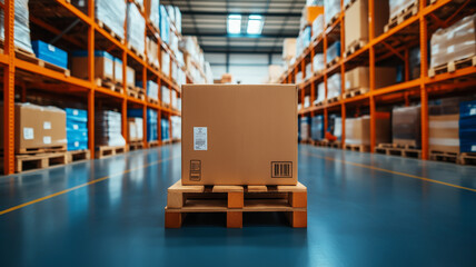 large cardboard box is placed on wooden pallet in industrial warehouse, surrounded by neatly