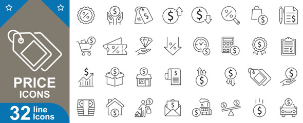 Price line icons set. Dollar, cost, discount, sale, payment, tag, affordability, value, pricing and more. vector illustration.