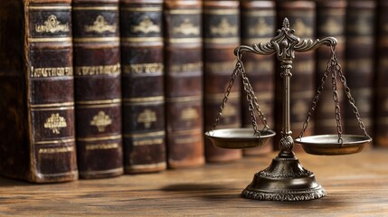 A vintage scales of justice in front of old law books, symbolizing fairness and legal principles.