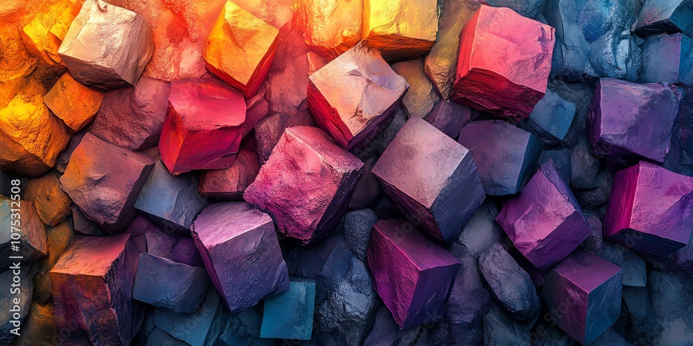 Poster a gradient of vibrant colors on cubes, transitioning from warm oranges and reds to cool blues and pu