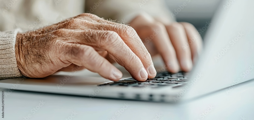 Poster a close-up of hands typing on a laptop keyboard, highlighting the texture and details of aged skin a