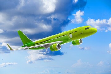 Airplane flying in blue cloudy sky, travel background