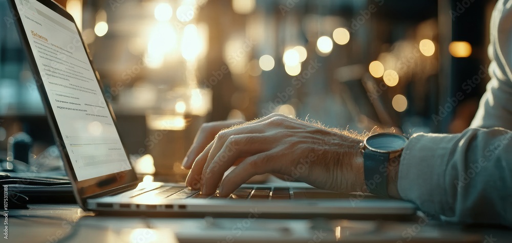 Poster a close-up of hands typing on a laptop, illuminated by warm lighting, creating a cozy and productive