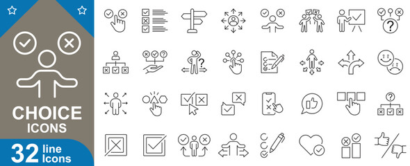 Choice line icons set. Selection, options, yes, thumbs up, approve, preference, choose, prioritize and more. vector illustration.