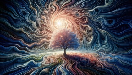 A single tree made of swirling, centered, surreal, abstract, dreamscape-style liquid spirals
