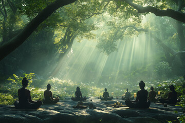 Tranquil meditation retreat in a lush green forest capturing serene moments