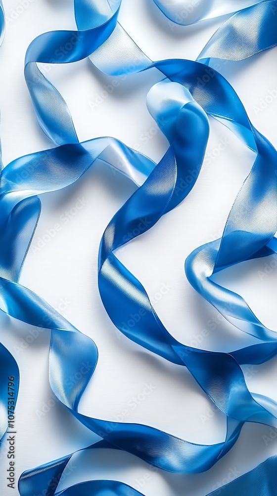 Poster blue satin ribbon arranged in a wave-like pattern on a white background.