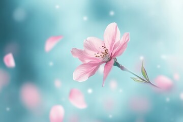 A Single Pink Flower Floating in a Dreamy Pastel Blue Background. AI generated illustration