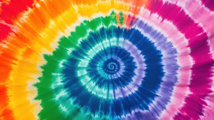 Colorful spiral tie-dye pattern showcasing vibrant rainbow hues in a mesmerizing swirl.