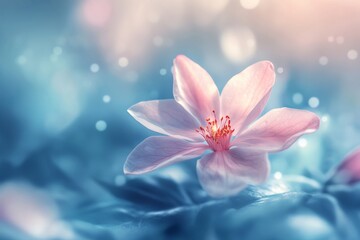 Fototapeta premium A Single Pink Flower Floating in a Dreamy Pastel Blue Background. AI generated illustration