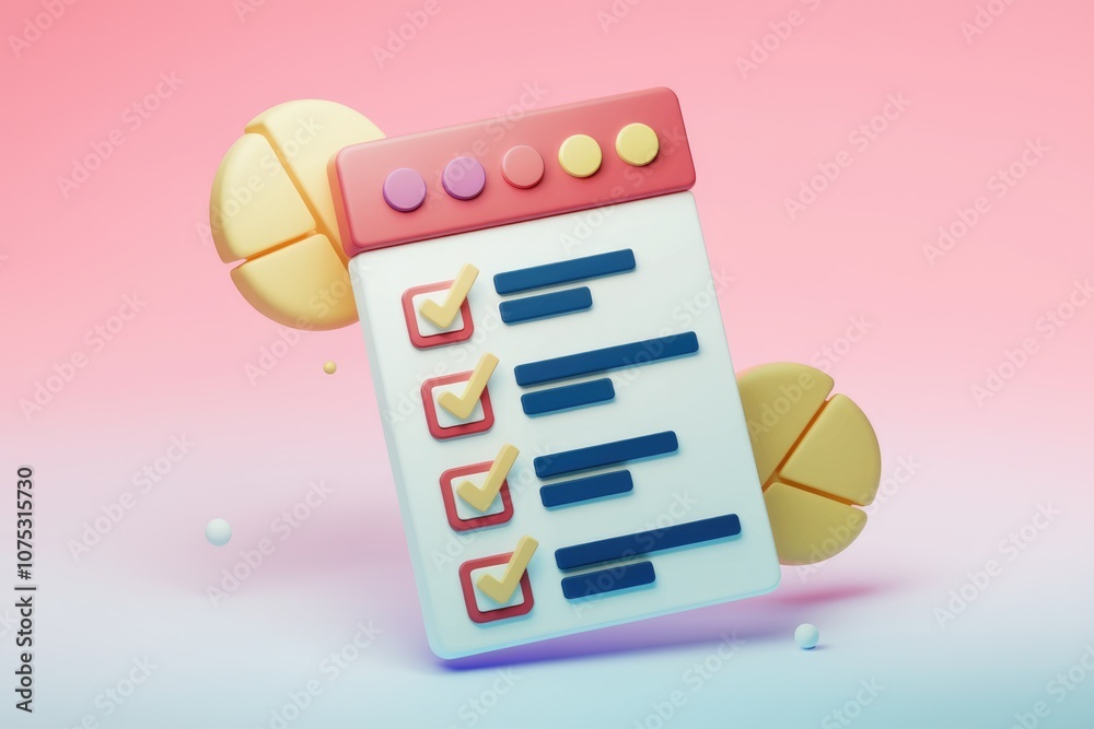Poster 3D illustration of a checklist with checkmarks  signifying completion or progress.