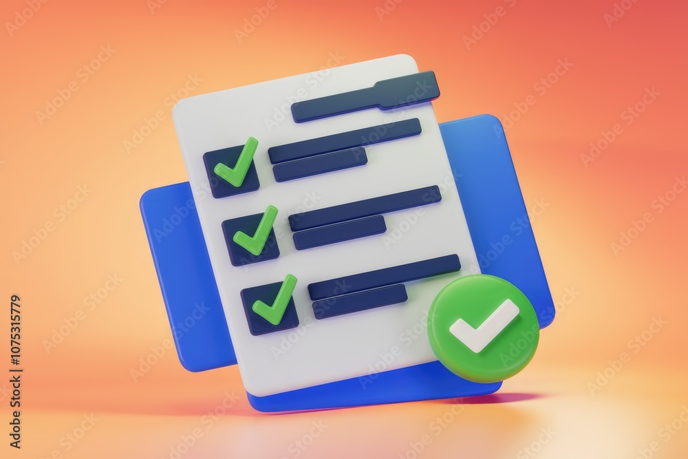 Poster 3d illustration of a checklist with green checkmarks.
