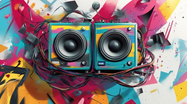 Dynamic colorful speakers with entwined wires against a vibrant abstract background, showcasing a lively music vibe.