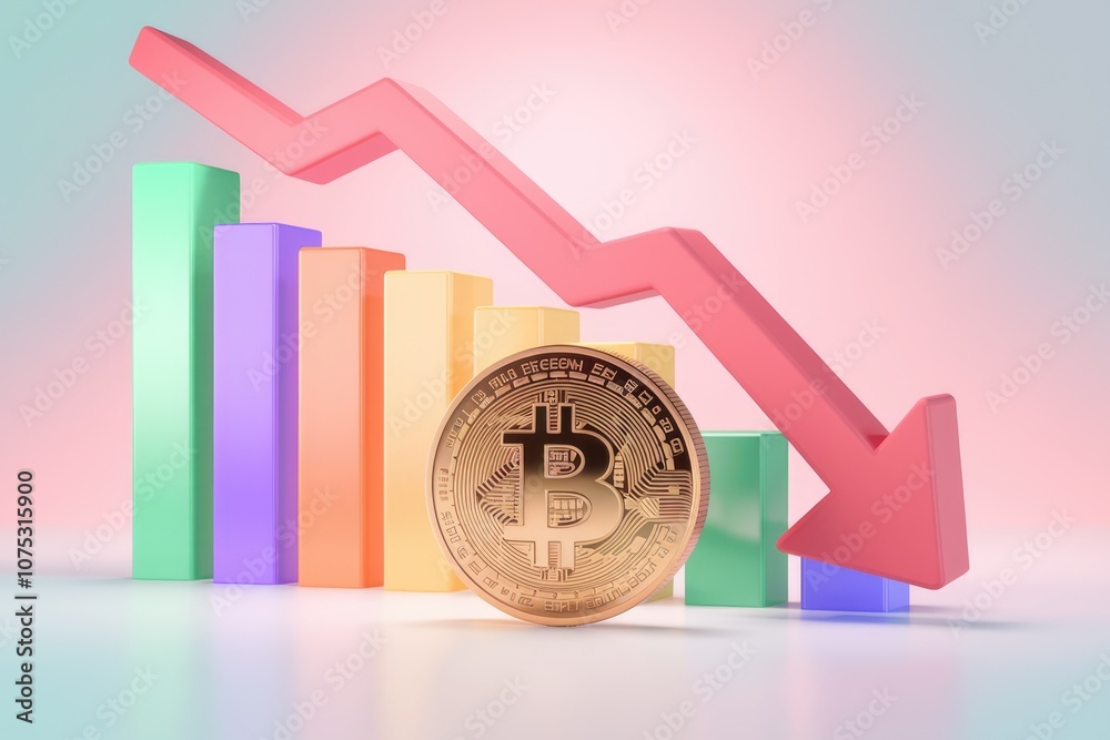 Poster bitcoin value decreasing shown by a downward arrow.