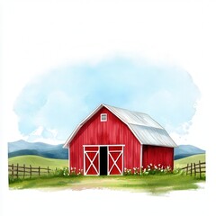 Obraz premium A vibrant red barn set against a backdrop of green fields and mountains, with a clear blue sky, capturing the essence of rustic rural life. watercolor, isolated on white background.