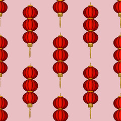 Big Red Round Three Lanterns on Pink Background Seamless Pattern Design