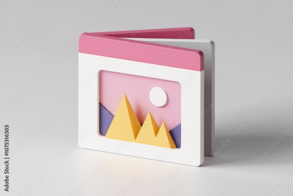 Poster 3d illustration of a simple image icon with mountains sky and a sun