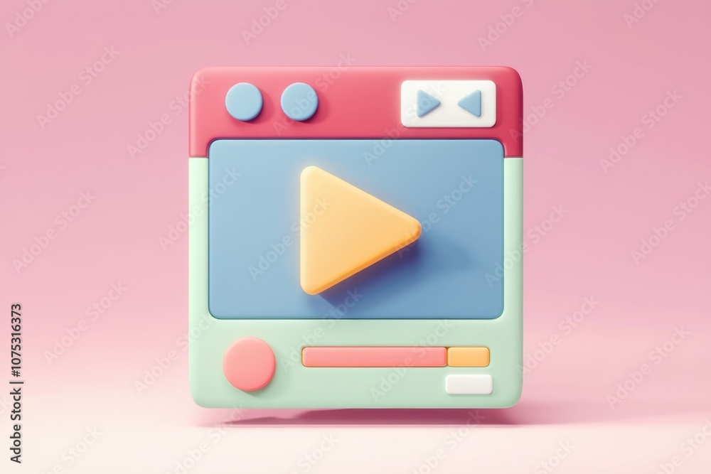 Poster 3d cartoon style play button icon on pink background