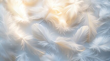 Delicate white feathers scattered gracefully on a soft background, creating a serene and airy atmosphere.