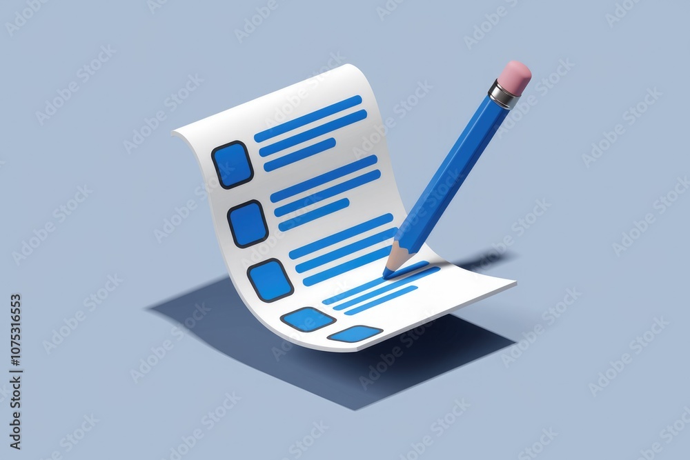 Aufkleber a blue pencil marks a checkbox on a white paper checklist.