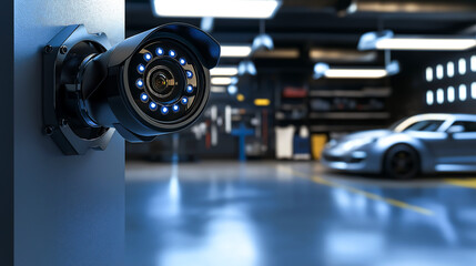 Fototapeta premium A high-tech futuristic security camera, featuring LED indicators and a rotating lens at vehicles parked inside. Safety, Surveillance and cutting-edge technology 