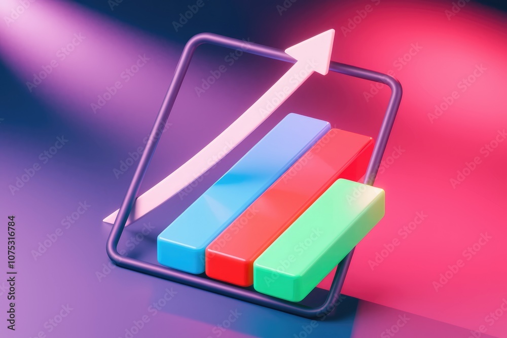 Aufkleber 3D rendering of a bar chart with an arrow pointing upwards  indicating growth and success.