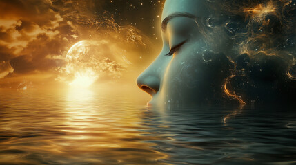 Woman's face in profile with ethereal fire and water elements blending into cosmic night. Abstract wallpaper, background
