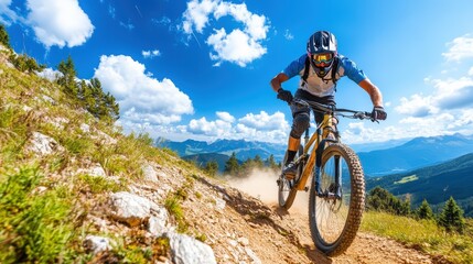 Perfect Mountain Biker Racing Downhill Under Blue Sky