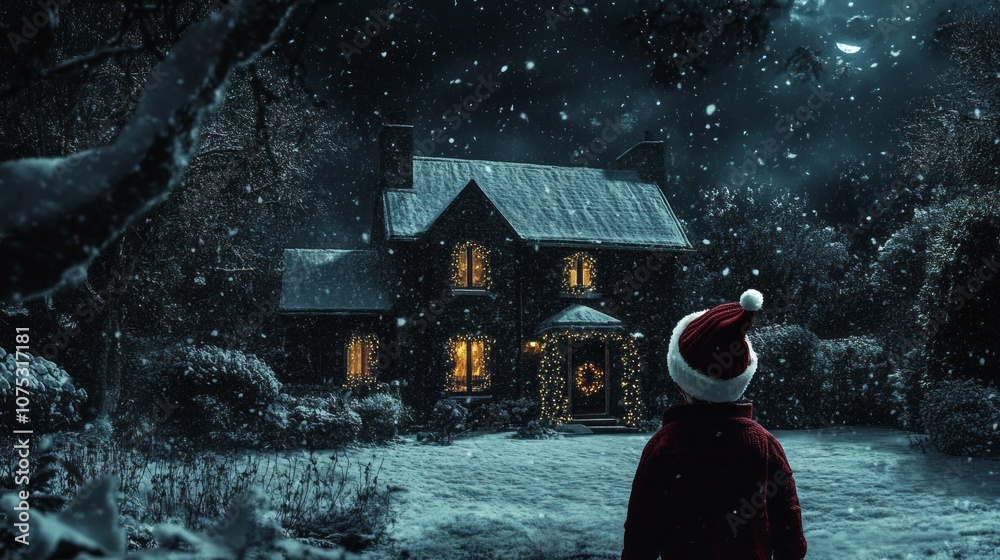 Aufkleber a child in a red coat stands in front of a house with a christmas tree on the ro