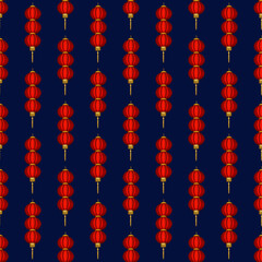 Small Red Round Three Lanterns on Dark Blue Background Seamless Pattern Design