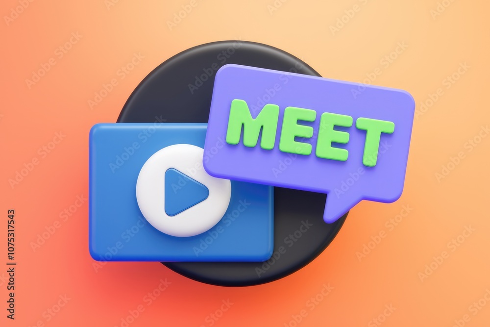 Aufkleber 3D illustration of a video call invitation with a play button and a speech bubble saying MEET