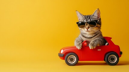 Stylish Tabby Cat in Toy Car Against Bright Yellow Background. AI generated illustration