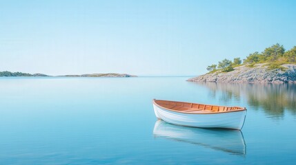 Naklejka premium Small Boat Floating on Calm Lake Under Perfect Sky