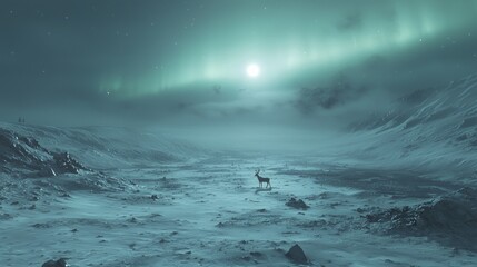 Majestic Northern Lights: Reindeer in Arctic Tundra 3D Render Illustrating Climate Change Effects