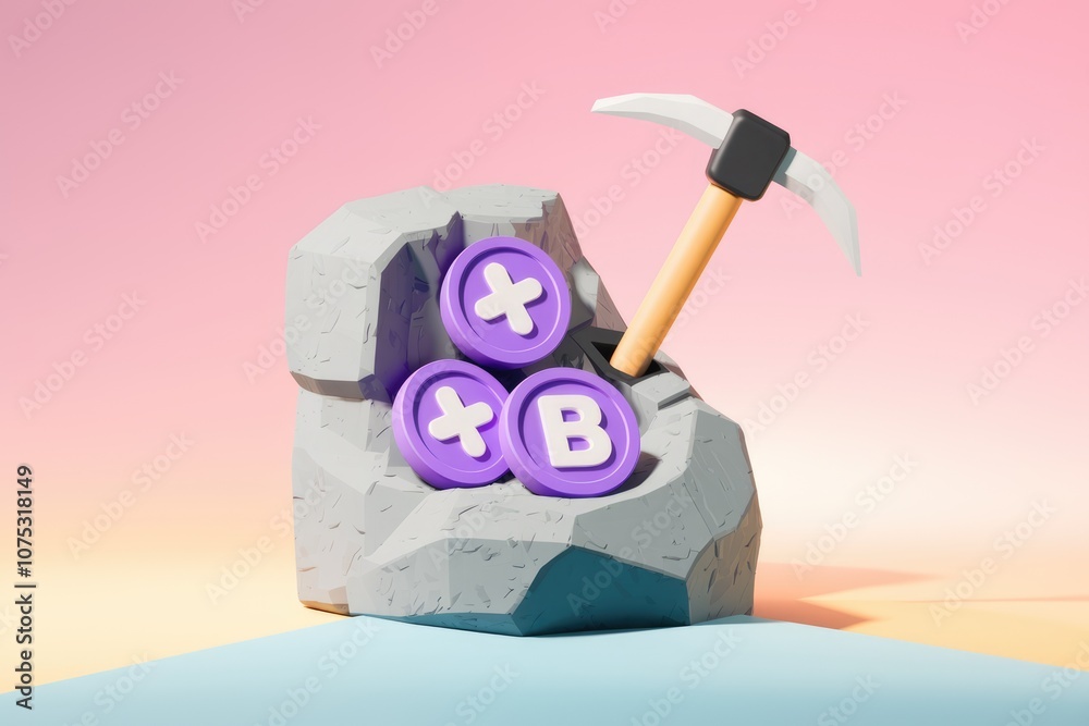Poster a pickaxe mining purple coins with a b and a + from a grey rock