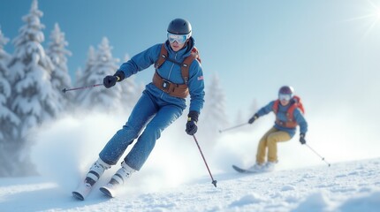 Collection of Floating Sportsman in Ski Suit Snow Skiing Action